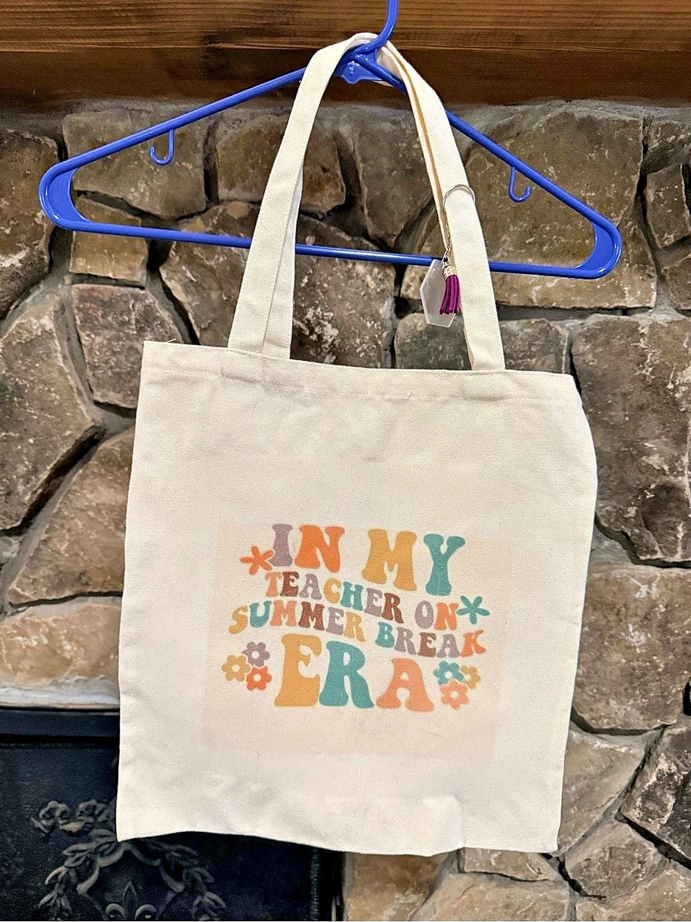 Printed Teacher Tote Bag in Cream & Multicolor